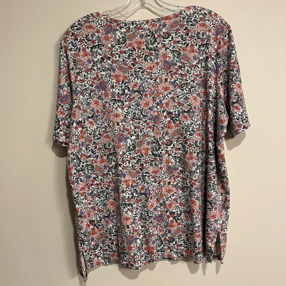 J. Jill Top Pima Slub Elbow Sleeve Tee Shirt V Neck Floral Paisley Pink XL - Picture 2 of 5